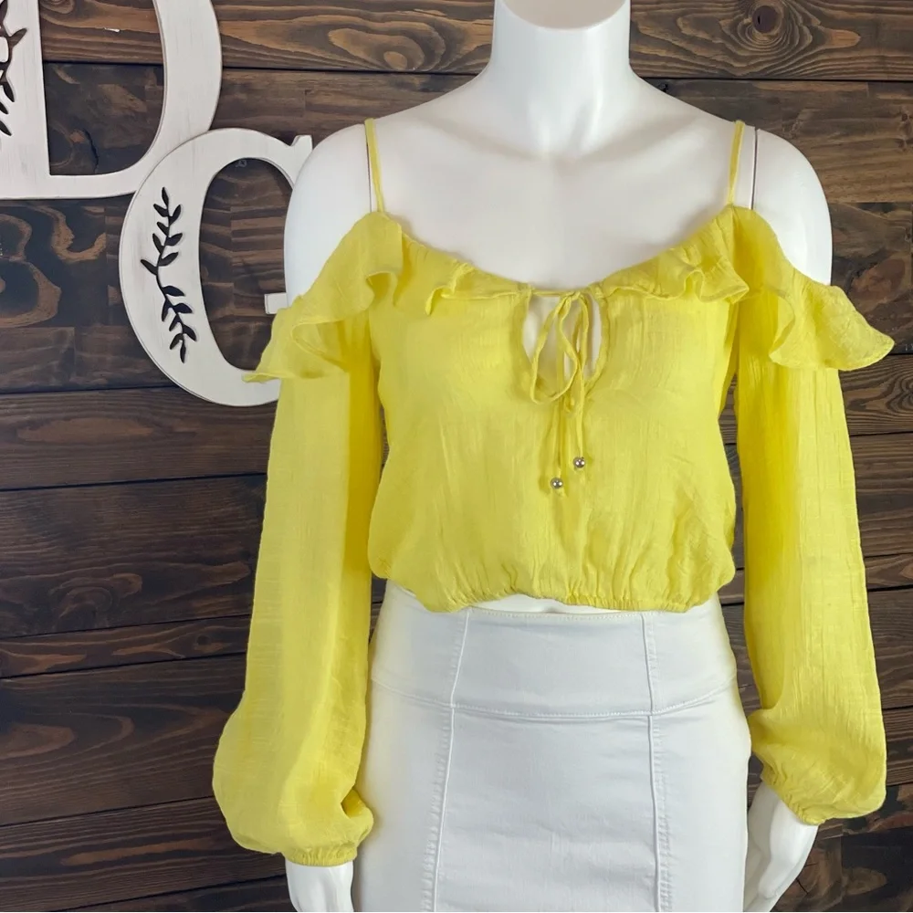 Forever 21‎ | Cold Shoulder Ruffle Keyhole Peasant Cropped Blouse Yellow